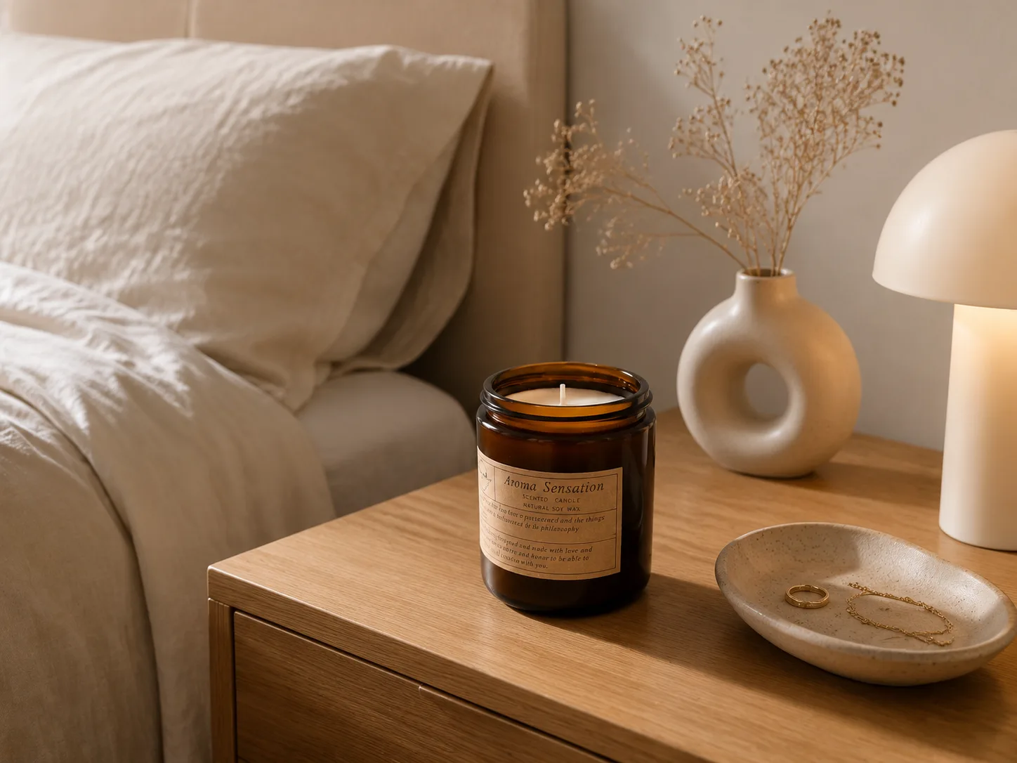 Candle on a bedside table