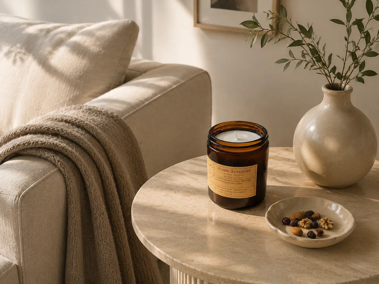 Candle on a sofa side table