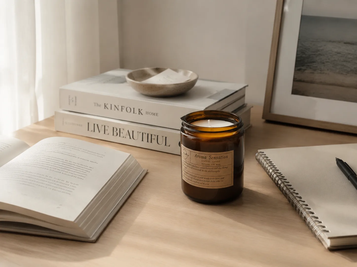 Candle on a desk with books