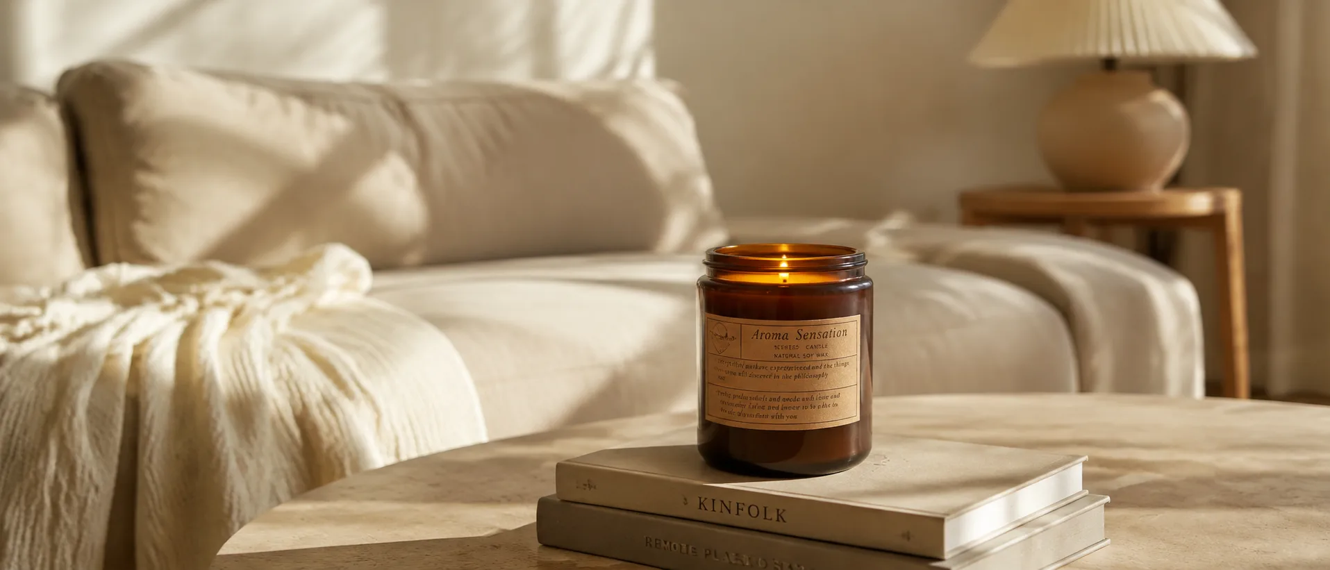 Wide interior — the Halo candle on a living room table