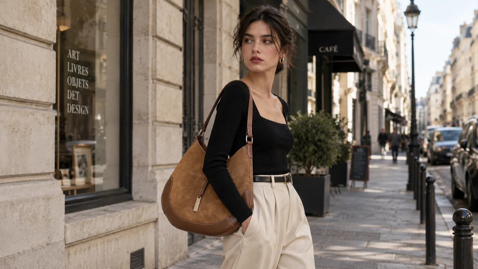 Mira Curve Tote carried on the shoulder along a sunlit city street