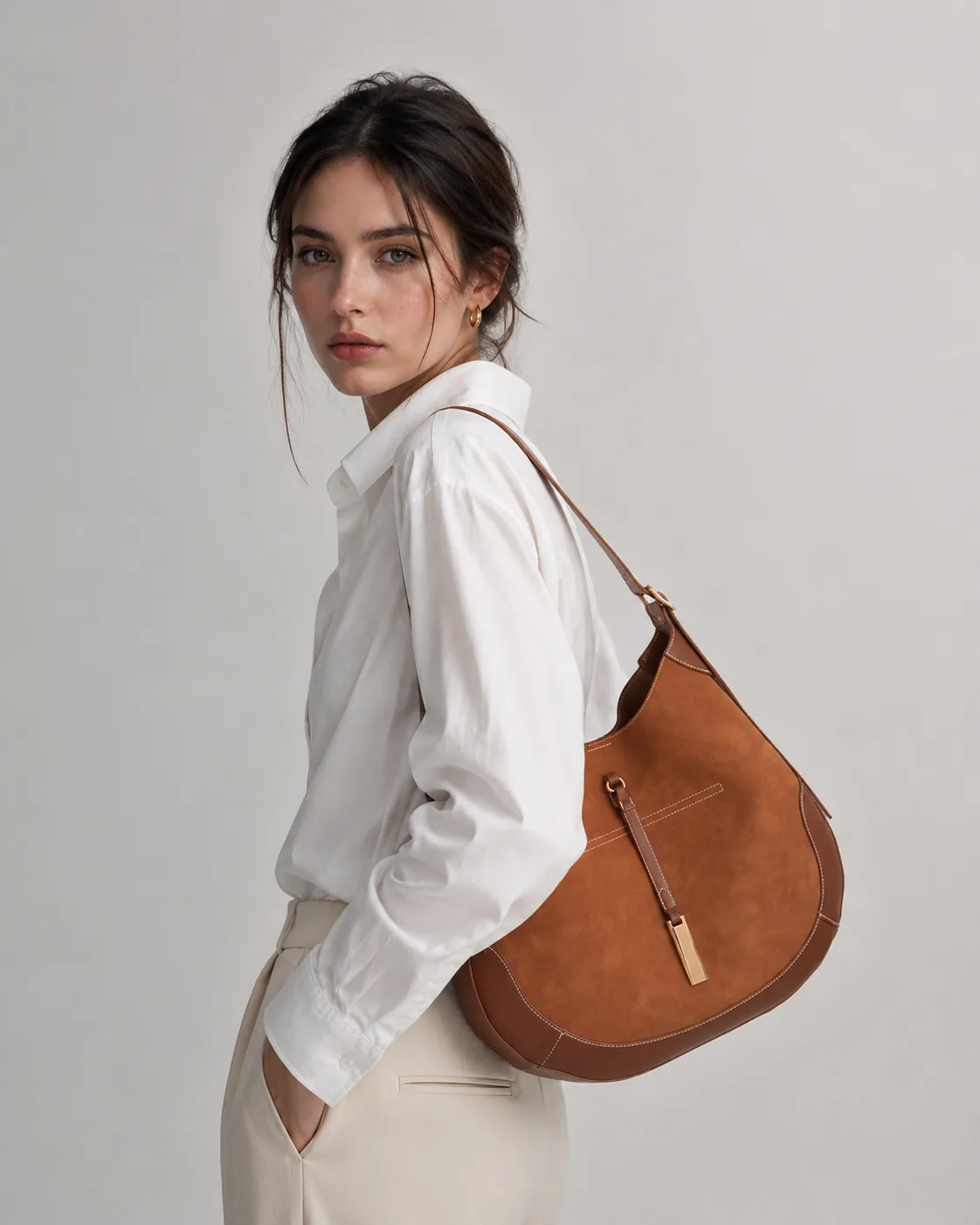 Crisp white shirt with wide trousers, Mira on the shoulder