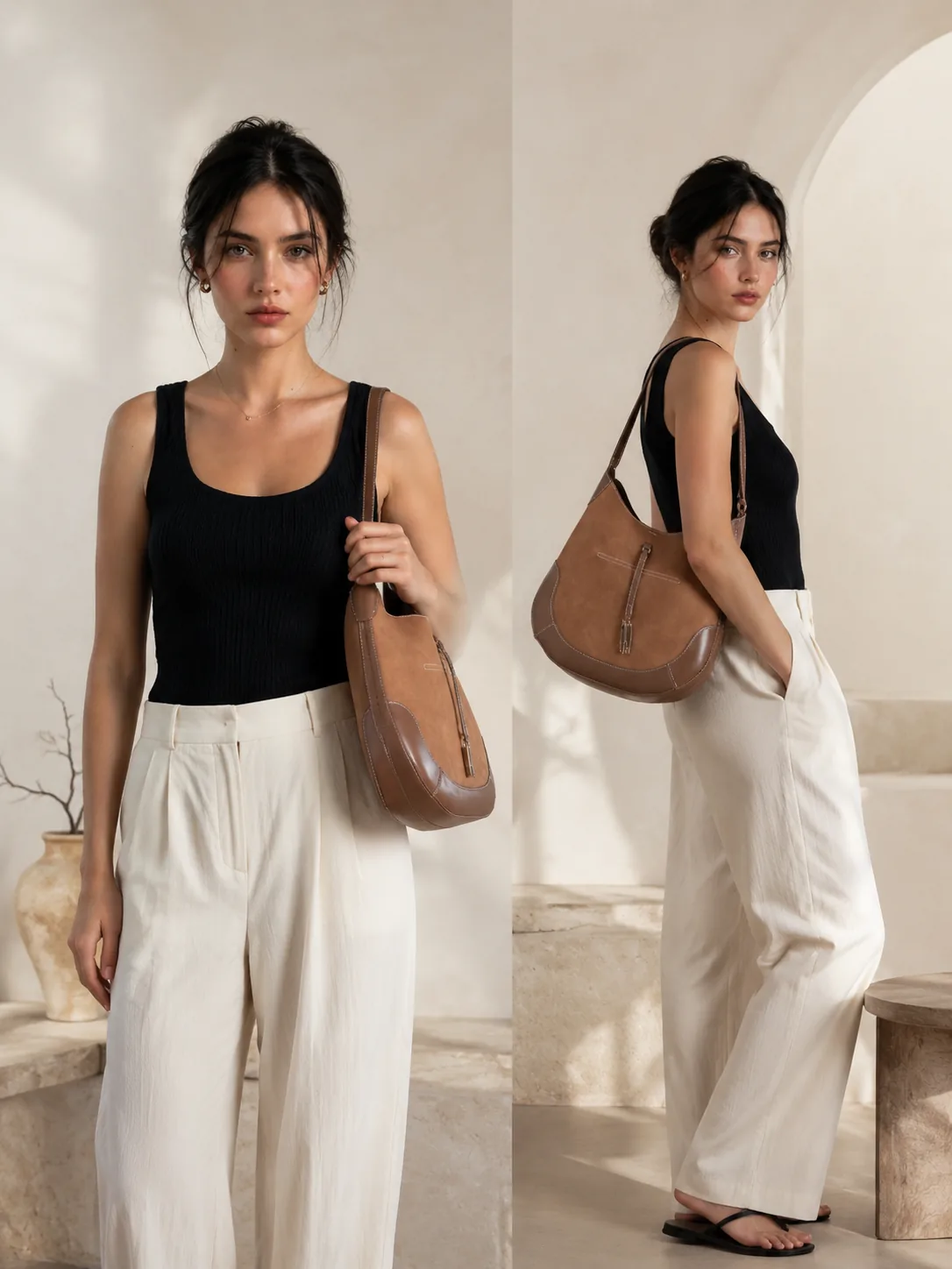 Model of 5 ft 5 in to 5 ft 7 in (165 to 170 cm) carrying Mira Curve Tote, front and side view, showing scale