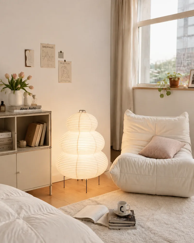 Reading corner with the lamp lit