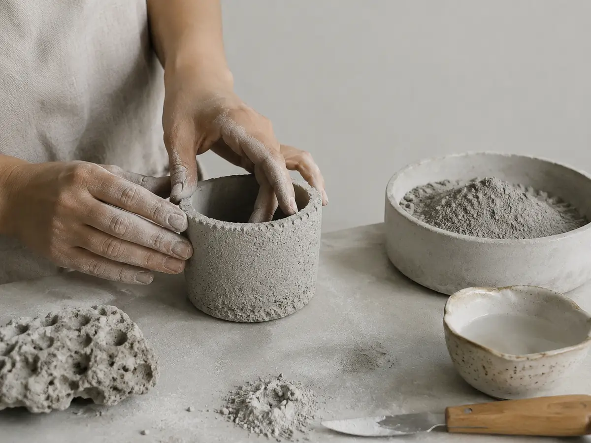 Hands shaping the cement vessel by hand
