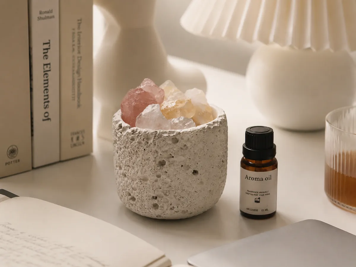 Vessel and aroma oil styled on a desk