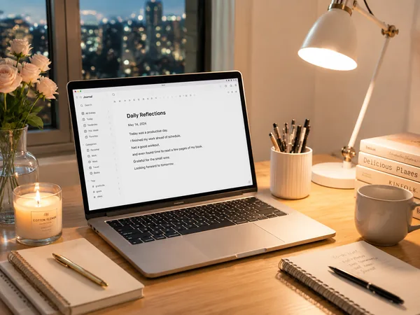 Laptop on a desk under a late lamp