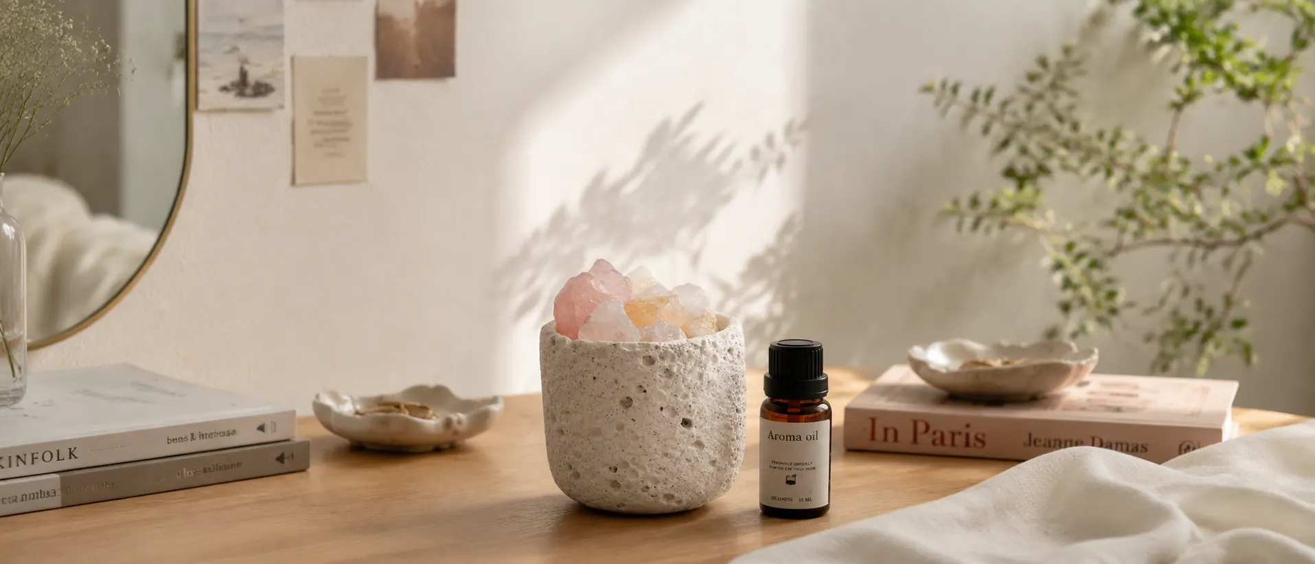 Pearlight Whisper Aroma Ritual Set on a sunlit dresser