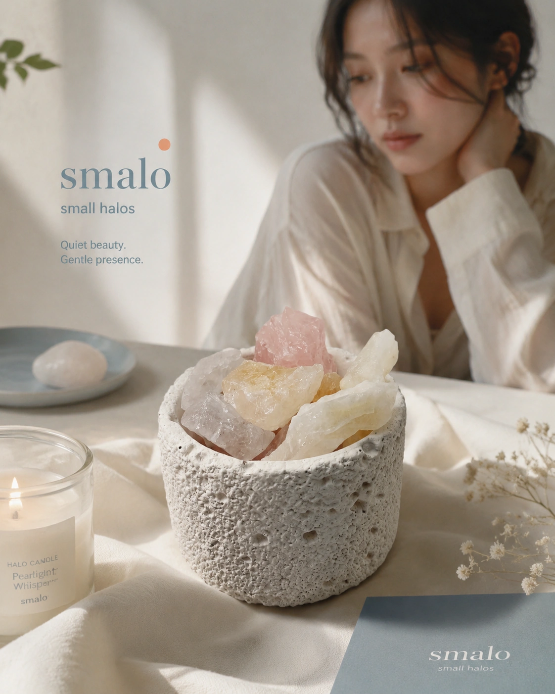 Stone Whispers Pearlight Whisper Set styled in home setting - calm aroma ritual