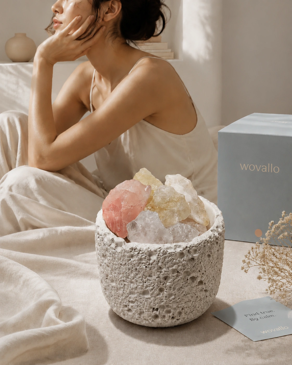 Pearlight Whisper Aroma Ritual Set gift box and cement vessel in a cozy home setting