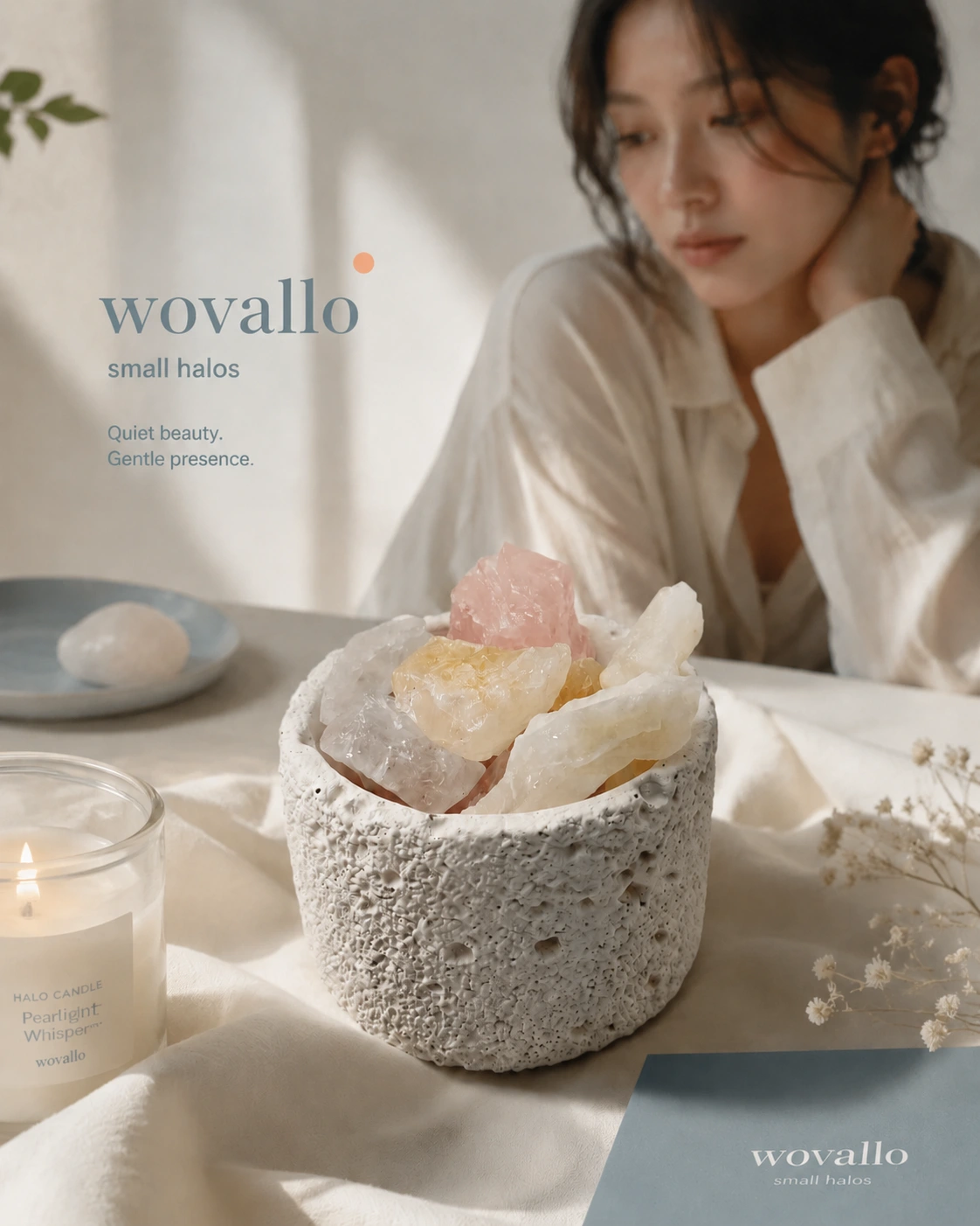 Pearlight Whisper aroma ritual styled with Halo candle for a quiet self-care moment