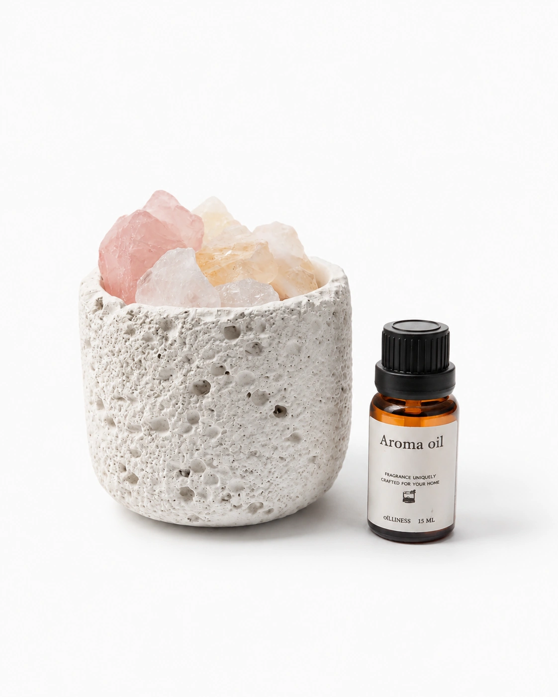 Pearlight Whisper cement vessel with natural aroma stones and 15ml aroma oil bottle