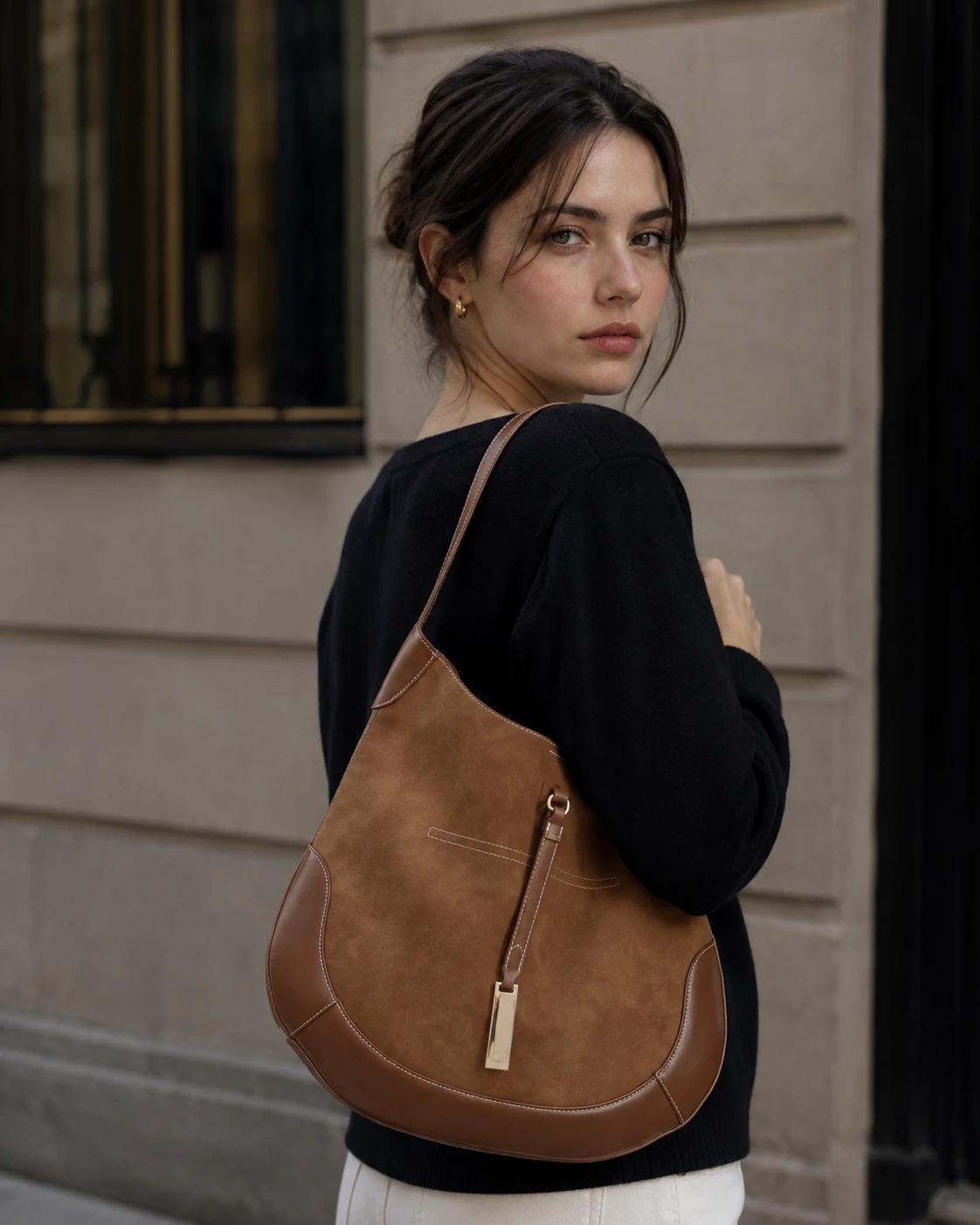 Mira Curve Tote - rounded suede-like silhouette with leather-look trim and gold bar charm, back view