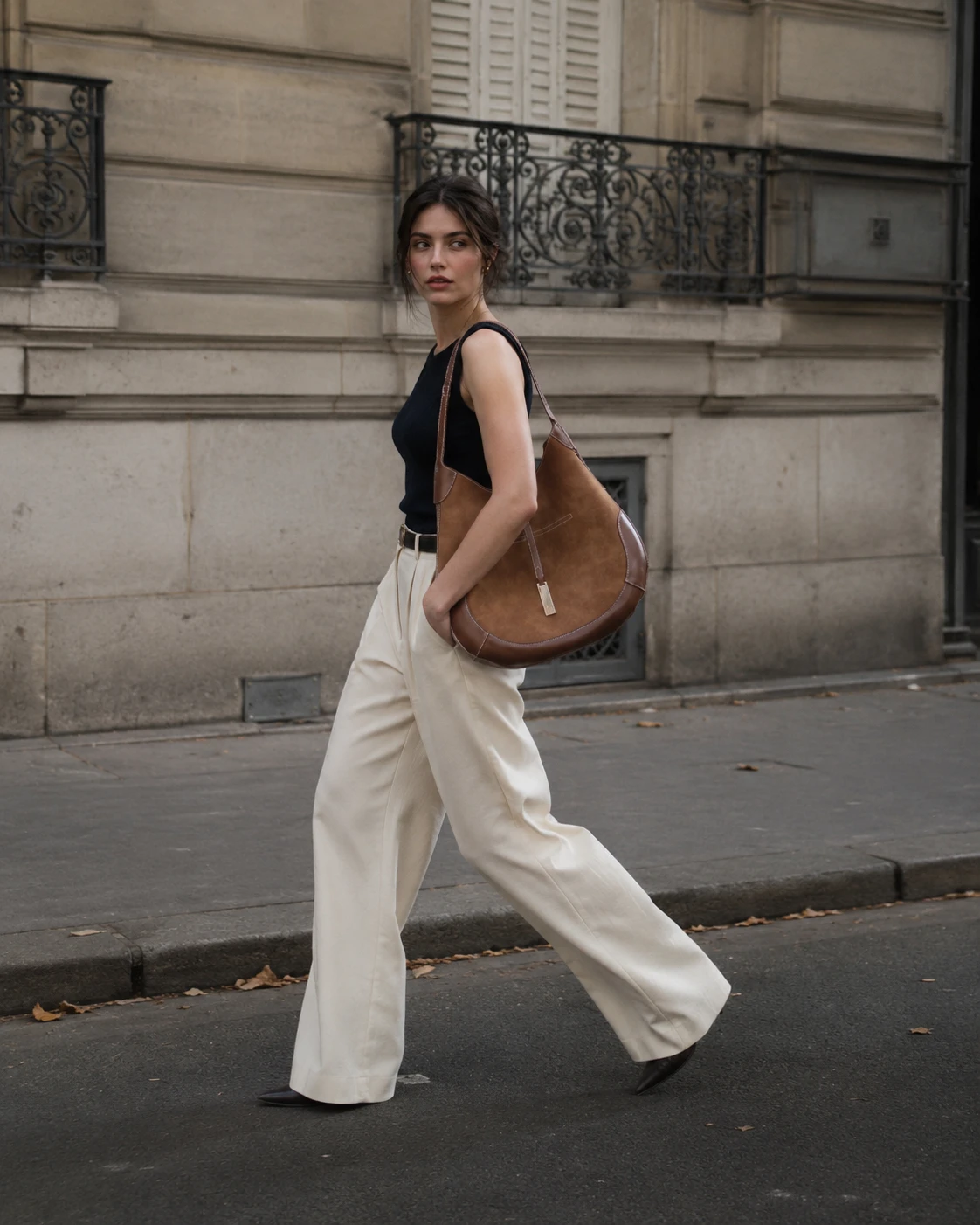 Mira Curve Tote - brown curved tote carried on the shoulder while walking a city street