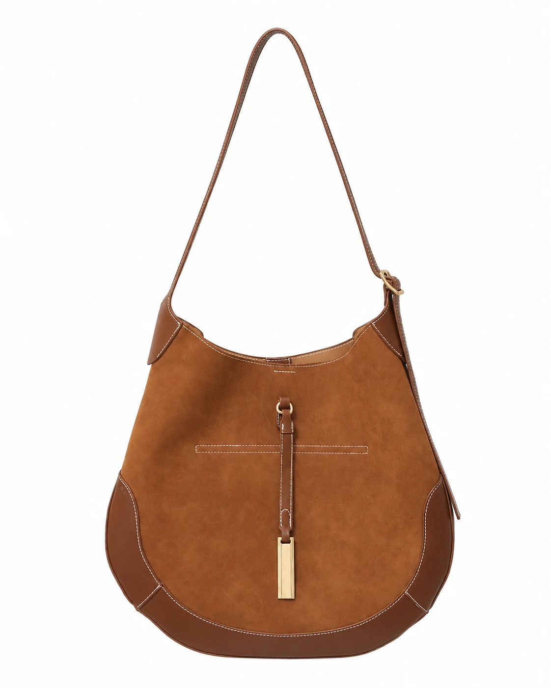 Mira Curve Tote front view - brown suede-like body, leather-look base trim and gold bar pull